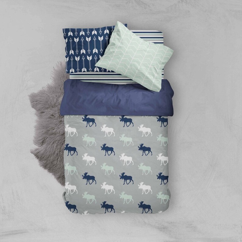 Toddler Bedding Sets Woodland Navy Mint Duvet Cover Kids Fitted Sheets Pillow Cases Comforter Animals Moose