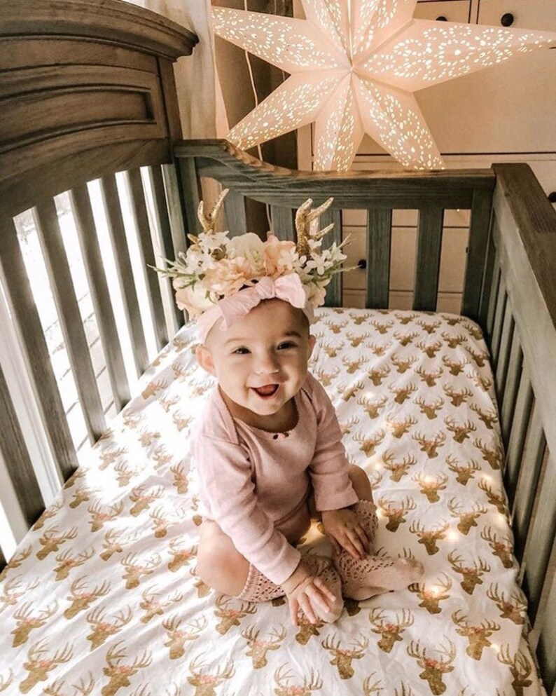 Deer Fitted Crib Sheets Girls Baby Bedding Gold Floral Antlers Etsy