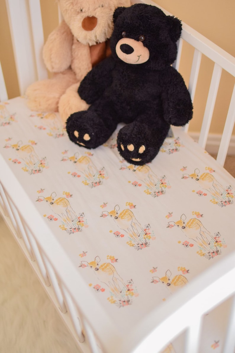 Floral Deer Crib Bedding Sets Modern pink- Trees Flowers chic gold- Rail Bumper Nursery Fitted Sheets boho change Pad Stag Rustic