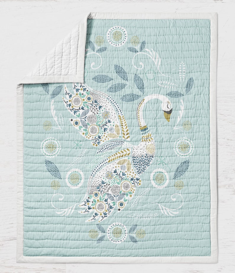 Birds Crib Quilt Swan Quilt Wholecloth Quilt- Swan Bed- Blue Boys Quilt Bedding Baby Shower Gift- Woodland Nursery Toddler Bedding
