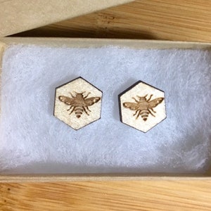 Bumblebee Wood Stud Earrings, Laser Cut Birch, Insect Jewelry