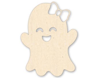 Ghost Wood Cutout, Smiling Ghost with Bow, Halloween Door Hanger Blank, Baltic Birch Sign
