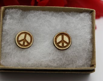 Baltic Birch Wooden Peace Sign Stud Earrings, 18k Gold Plated