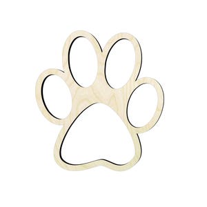 May include: A wooden paw print cutout with a light wood grain finish. The paw print has five toes and a heart-shaped pad. The edges are outlined in black. This decorative item is suitable for pet-themed crafts and decor.