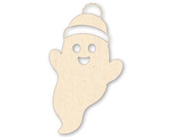 Ghost with Beanie Wood Cutout, Unfinished Baltic Birch Halloween Decor