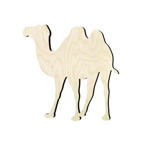 May include: A wooden camel cutout with a light wood grain finish and black outline. The camel is depicted in a side profile, standing with its legs extended. The cutout is suitable for crafts and decorations.