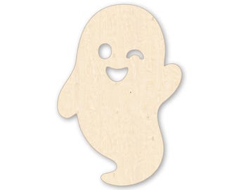 Winking Ghost Wood Cutout, Unfinished Baltic Birch Halloween Sign, Kawaii Door Hanger