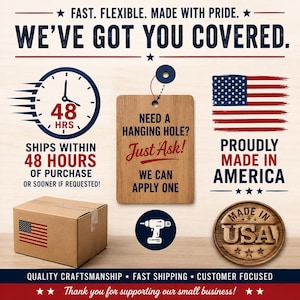 The image is a promotional graphic for a company that specializes in fast, flexible, and high-quality shipping services. It features various elements such as a clock, a wooden tag, an American flag, and a "Made in USA" stamp, along with text highlighting the company's commitment to customer satisfaction and their ability to ship within 48 hours of purchase or sooner if requested.