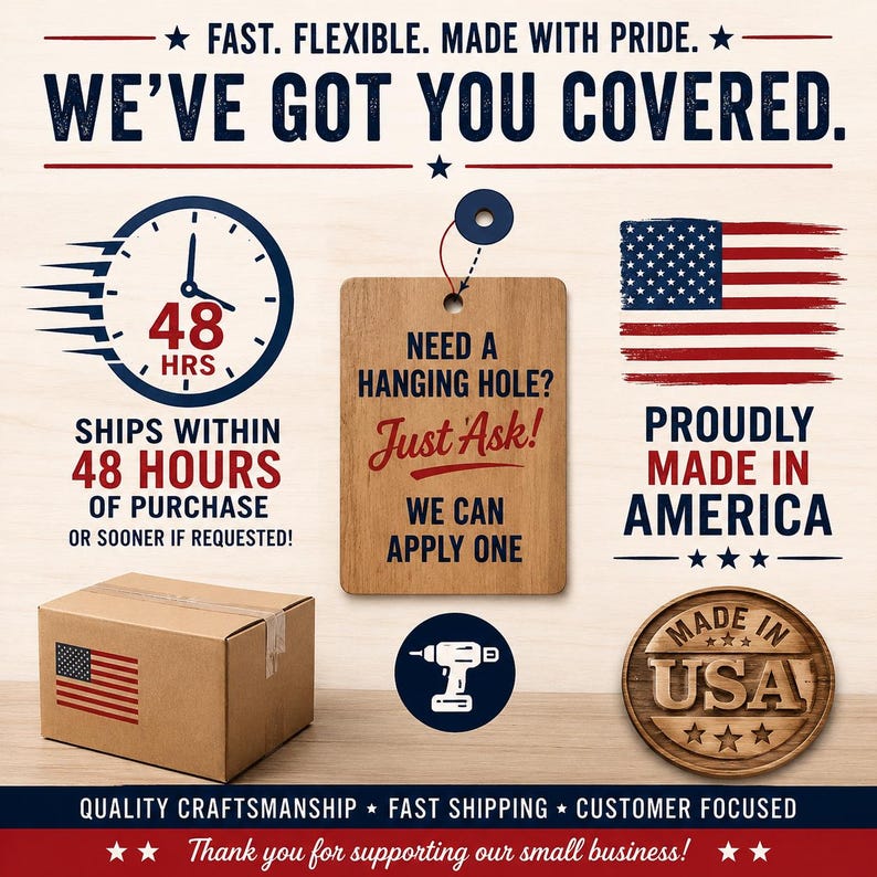 The image is a promotional graphic for a company that specializes in fast, flexible, and high-quality shipping services. It features various elements such as a clock, a wooden tag, an American flag, and a "Made in USA" stamp, along with text highlighting the company's commitment to customer satisfaction and their ability to ship within 48 hours of purchase or sooner if requested.