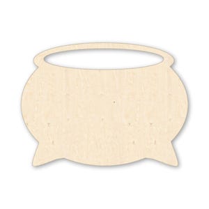 May include: A wooden cauldron cutout with a light tan color. The cauldron has a rounded body, a handle at the top, and three small feet. The wood grain is visible, adding texture to the design. This item is suitable for craft projects.
