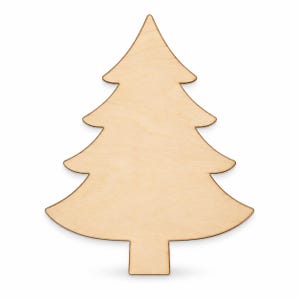 May include: A flat, light-colored wooden cutout in the shape of a Christmas tree. The object features a symmetrical design with three distinct tiers of branches tapering to a point at the top and a rectangular trunk base at the bottom.