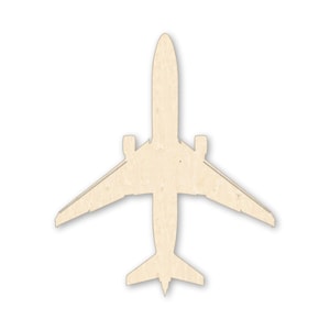 May include: A wooden airplane cutout, viewed from above, with a natural wood grain finish. The plane features wings, a tail, and a fuselage, all cut from a single piece of wood. The design is simple and suitable for crafts or decor.