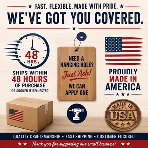 The image is a promotional graphic for a company that specializes in fast, flexible, and high-quality shipping services. It features various elements such as a clock, a wooden tag, an American flag, and a "Made in USA" stamp, along with text highlighting the company's commitment to customer satisfaction and their ability to ship within 48 hours of purchase or sooner if requested.