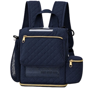 May include: A navy blue quilted backpack featuring gold-tone zips, a top handle, and adjustable shoulder straps. The bag includes a front zipped pocket, a mesh side pocket, a small detachable side pouch, and a rectangular mesh ventilation window.