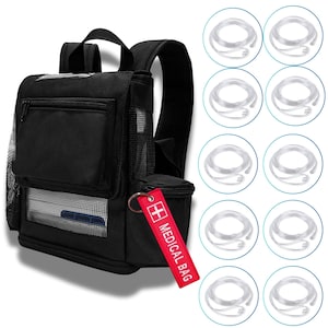 May include: Black medical bag with multiple compartments, a mesh side pocket, and a red tag that reads "MEDICAL BAG" with a white cross. The bag is accompanied by several clear oxygen nasal cannulas.
