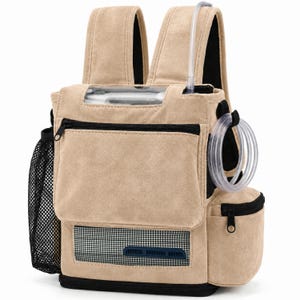 May include: A beige backpack with black trim, featuring a clear top window, a front zippered pocket, a mesh side pocket, and a side compartment with a coiled clear plastic tube. The bag includes padded shoulder straps and a mesh ventilation panel.