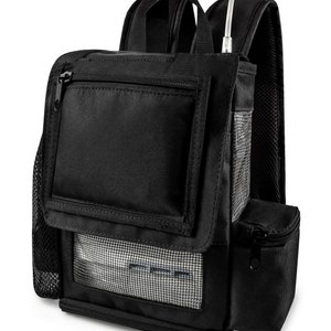 May include: Black backpack with a mesh pocket and a zippered compartment. The backpack has a padded back and adjustable straps.