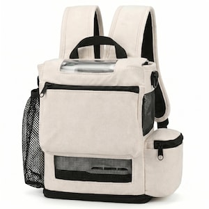 May include: A beige backpack featuring a top handle, adjustable shoulder straps, and black zips. The front includes a clear rectangular window, a zipped pocket, and a lower mesh panel. A black mesh side pocket and a small side pouch are attached.
