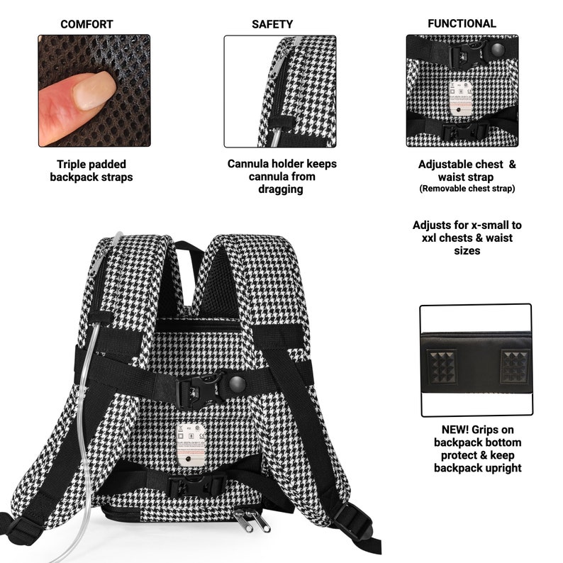 Inogen One G5 lightweight backpack in Houndstooth fabric by o2totes, room for Accessories, fits both single & double battery,zippered bottom image 6