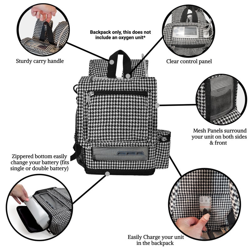 Inogen One G5 lightweight backpack in Houndstooth fabric by o2totes, room for Accessories, fits both single & double battery,zippered bottom image 5