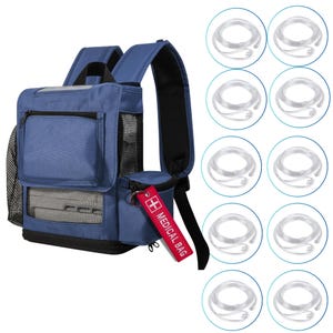 May include: A blue medical backpack with a mesh pocket and a red tag that says "MEDICAL BAG".