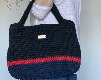 Handmade Black, Navy and Red Crochet Handbag
