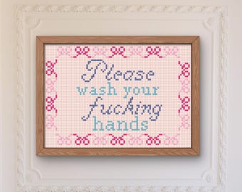 Custom Cross Stitch Needlepoint Chart: Snarky 'Wash Your Hands' Pattern - Instant PDF Download