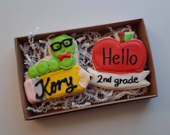 Personalized Back to School Bookworm and Apple sugar cookies