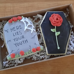 Here Lies your Youth RIP 20s 30s 40s 50s Tombstone and Casket sugar cookies