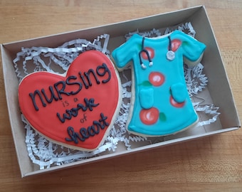 Nursing is a Work of Heart Nurse Appreciation Scrubs and Stethscope sugar cookies