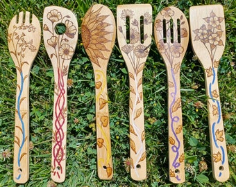 Wooden Spoons with Flower Designs- Resin and Burned