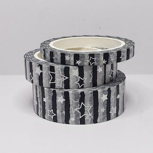 Black and White Stripe Washi Tape with Silver Star Foil - Fawntastic Creations Washi Tape