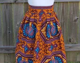 Jupe Maxi Femme Taille Haute - Imprimé Africain Jaune Et Vert Fait Main - Taille 8 - Neuf Sans étiquettes