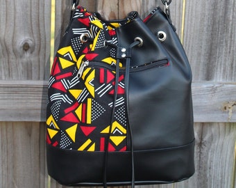 Bucket Bag, Drawstring Bag, African Print Drawstring Bag, Crossbody Bag, African Clothing, Vegan Leather Bag, women crossbody bag