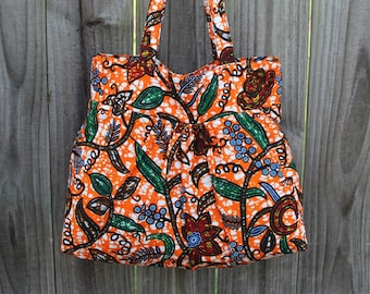 Orange Tote Bag with Pockets, African print shoulder bag, Fall Bag, Gift for women, gift for girls, fabric tote bag, Handmade handbag