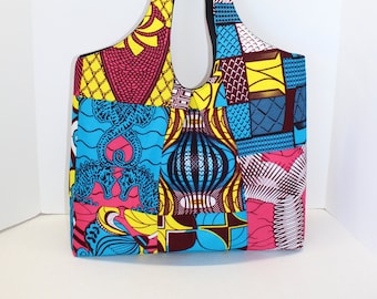 African print large shoulder tote bag with inside pockets and magnetic snap closure