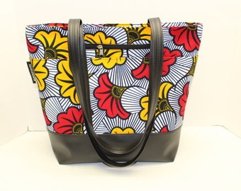 Large African print handbag with zipper closure, tote bag, gifts for women, faux leather tote, project bag, diaper bag, tote with pockets