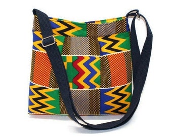 Small African print fabric crossbody bag with zipper closure and adjustable strap