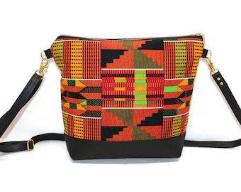 Bolsa tiracolo de tecido, bolsa tiracolo de tecido com couro, bolsa kente feita à mão, bolsa tiracolo pequena, bolsa com estampa africana e fecho de zíper