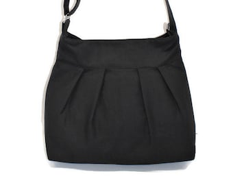 Black Canvas Crossbody Bag: Handmade Cotton Fabric Purse with Pockets