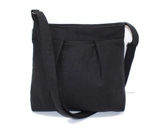 Petit sac à bandoulière en toile noire avec bandoulière réglable, poches intérieures et fermeture à glissière, cadeau pour fille, sac à main noir, sac en toile noire