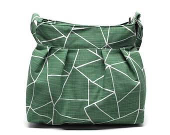 Green canvas crossbody pleated bag with pockets, adjustable strap and zipper closure, canvas fabric handbag