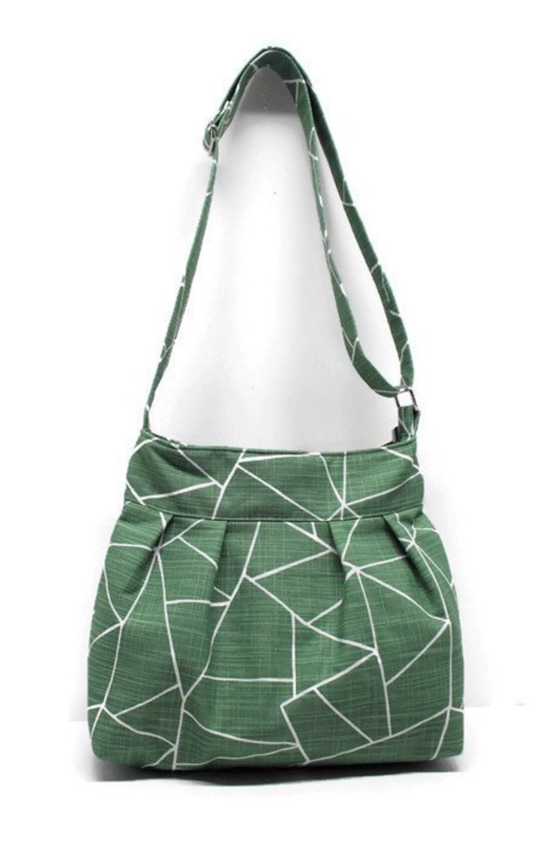 Green Canvas Crossbody Pleated Bag With Pockets, Adjustable Strap and
