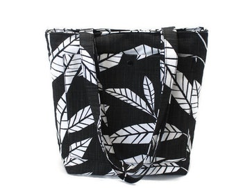 Tote with lots of pockets, magnetic snap closure, Black and white shoulder bag, gift for women