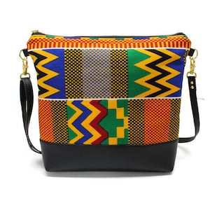 Crossbody-Geldbörse aus afrikanischem Print-Kente-Stoff mit verstellbarem Riemen, Kunstledertasche mit Innentaschen und Reißverschluss