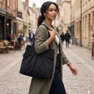 Black Canvas Tote Bag: Handmade Pleated Shoulder Bag with Pockets