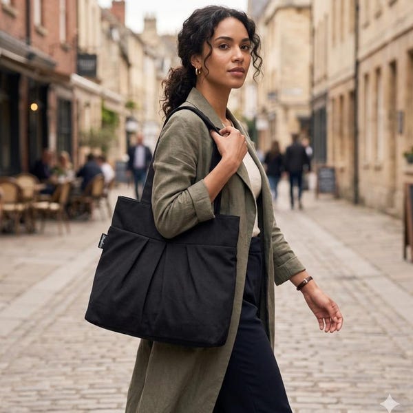 Black Canvas Tote Bag: Handmade Pleated Shoulder Bag with Pockets