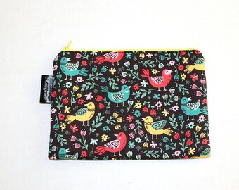 Floral Birds Cotton Zipper Pouch, Cosmetic Bag, Pencil Case