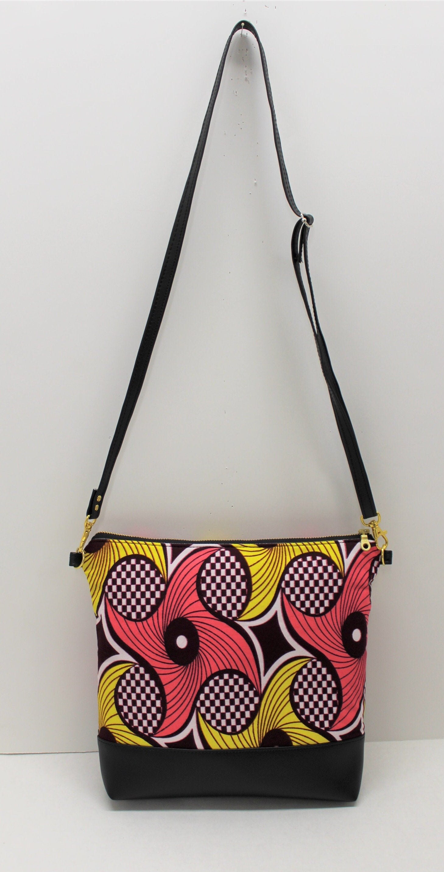 African Bag Crossbody Handmade Dashiki fabric and Jute 10x15 orange multicolor