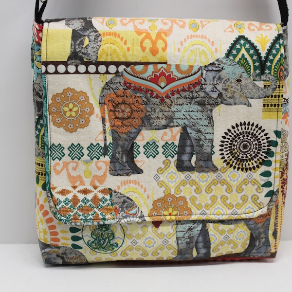 Elephant Print Crossbody Bag, Handmade Cotton Messenger Bag